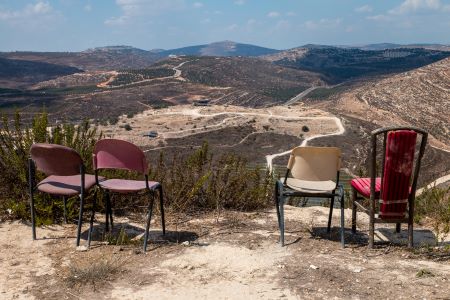 Chairs over looking the archeological site of ancient Shilon in Israel's Samaria