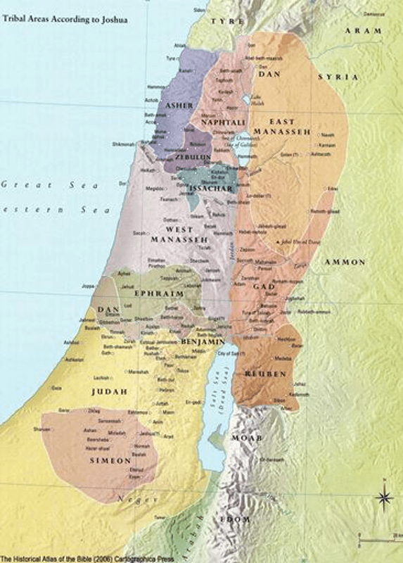 Map of the Land of Israel showing the territories allotted to the Twelve Tribes of Israel according to the Book of Joshua, including Judah, Benjamin, Ephraim, Manasseh, Dan, Asher, Naphtali, Issachar, Zebulun, Gad, Reuben, and Simeon.